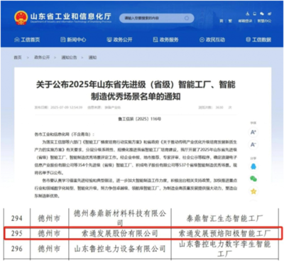 索通发展德州临邑工厂入选省级智能工厂名单，自主软件开发能力成关键驱动力